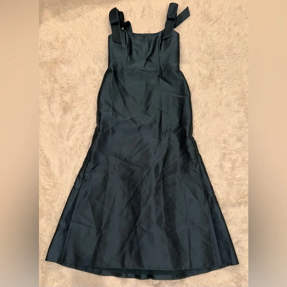 NEW Alfred Sung Bow Strap Satin Twill Trumpet Gown Sz 14 R evergreen green - Picture 2 of 6
